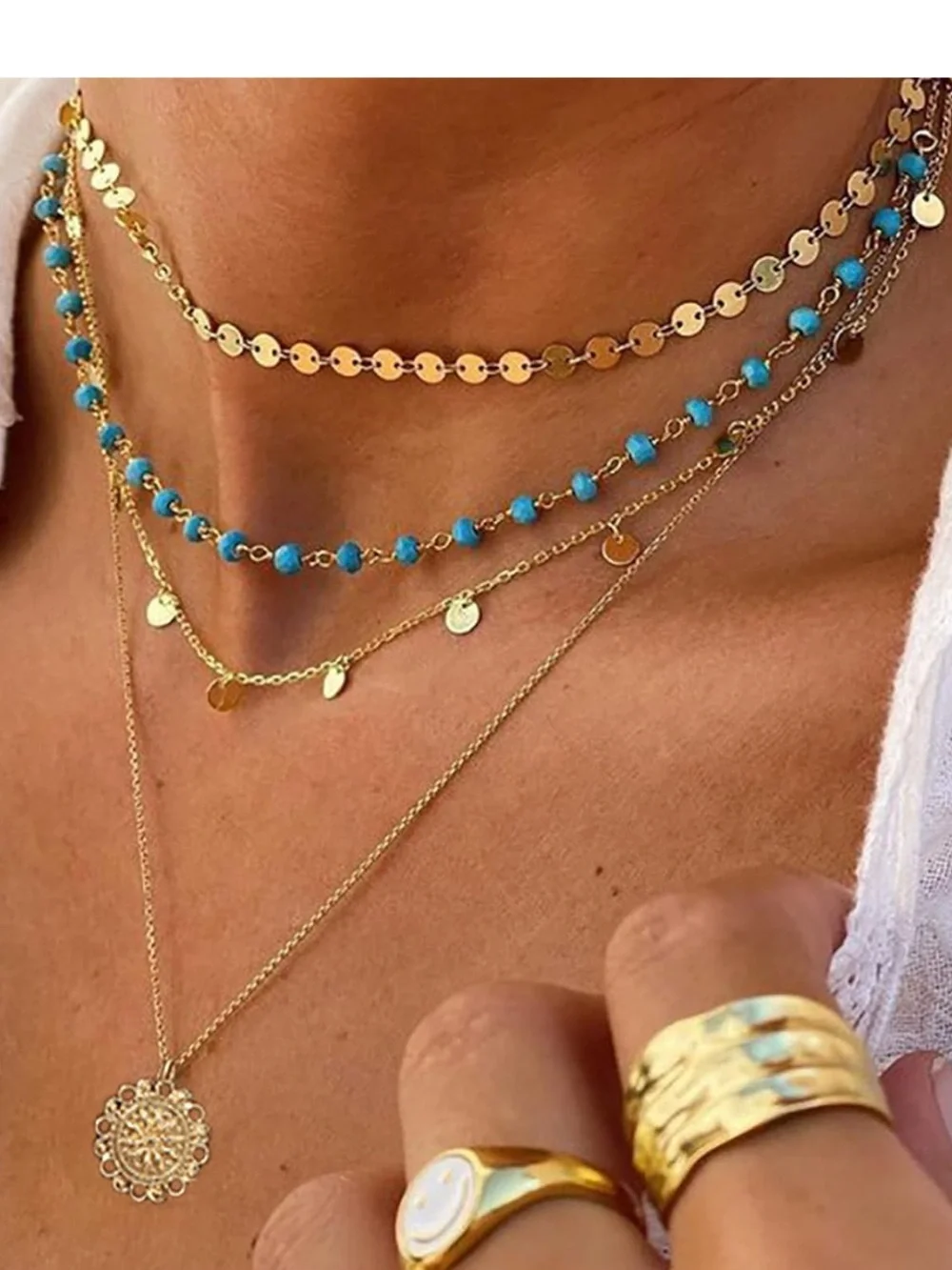 Anthropologie Gold Layered Medallion Necklace with Turquoise Beads